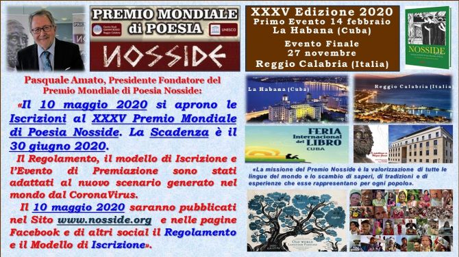 Il 10 Maggio 2020 si aprono le iscrizioni al XXXV Premio Mondiale di Poesia Nosside